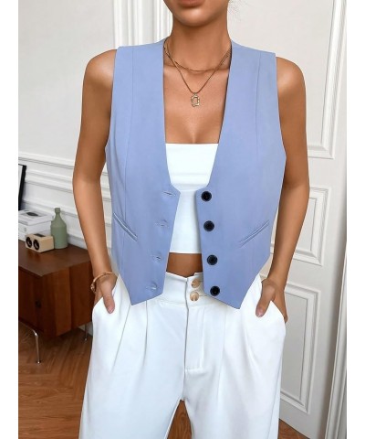 Women's Solid Sleeveless Button Front V Neck Vest Waistcoat Crop Top Blue $17.84 Vests