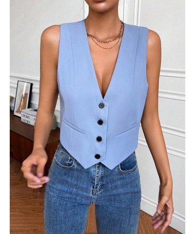 Women's Solid Sleeveless Button Front V Neck Vest Waistcoat Crop Top Blue $17.84 Vests