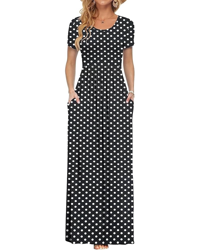 Women Short Sleeve Loose Plain Casual Long Maxi Dresses with Pockets 02-black Dots $20.58 Dresses