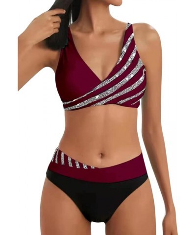 Swimsuit for Women 2024 Bikini Sexy V Neck Thong Bottom Two Piece Cute Triangle Bathing 01wine $4.19 Swimsuits