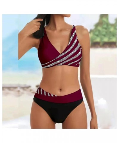 Swimsuit for Women 2024 Bikini Sexy V Neck Thong Bottom Two Piece Cute Triangle Bathing 01wine $4.19 Swimsuits