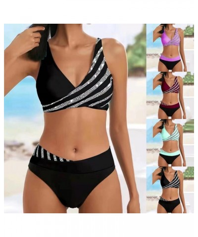 Swimsuit for Women 2024 Bikini Sexy V Neck Thong Bottom Two Piece Cute Triangle Bathing 01wine $4.19 Swimsuits