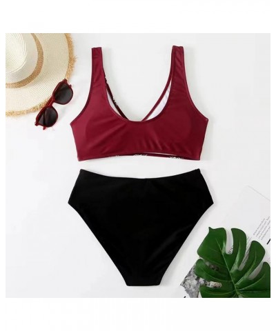 Swimsuit for Women 2024 Bikini Sexy V Neck Thong Bottom Two Piece Cute Triangle Bathing 01wine $4.19 Swimsuits