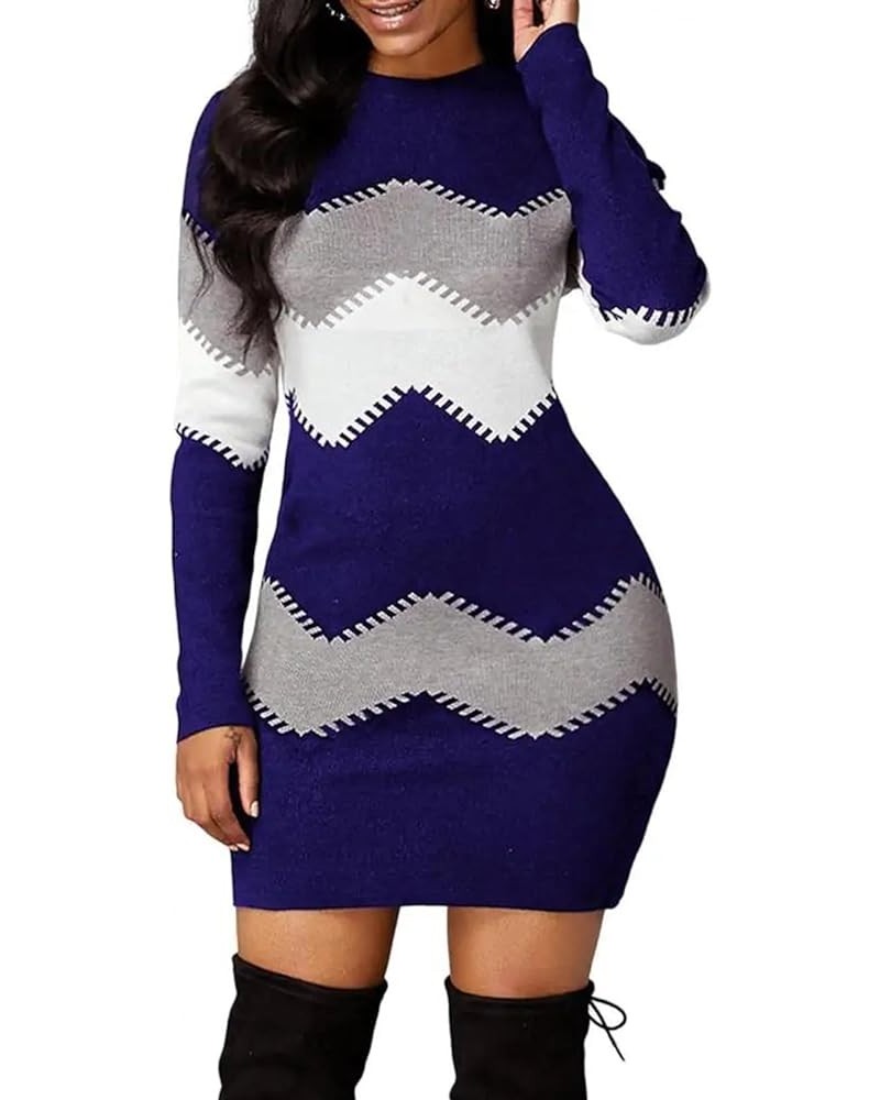 Women's Striped Mini Bodycon Sweater Dress Long Sleeve Knitted Slim Fit Pullover Dress Navy $22.94 Sweaters