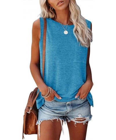 Women's Sleeveless Tank Tops Basic Loose Tunic T Shirts Batwing Sleeve Solid Color Casual Tee with Pocket Lightblue $11.59 Tops