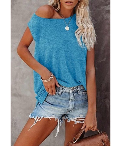 Women's Sleeveless Tank Tops Basic Loose Tunic T Shirts Batwing Sleeve Solid Color Casual Tee with Pocket Lightblue $11.59 Tops