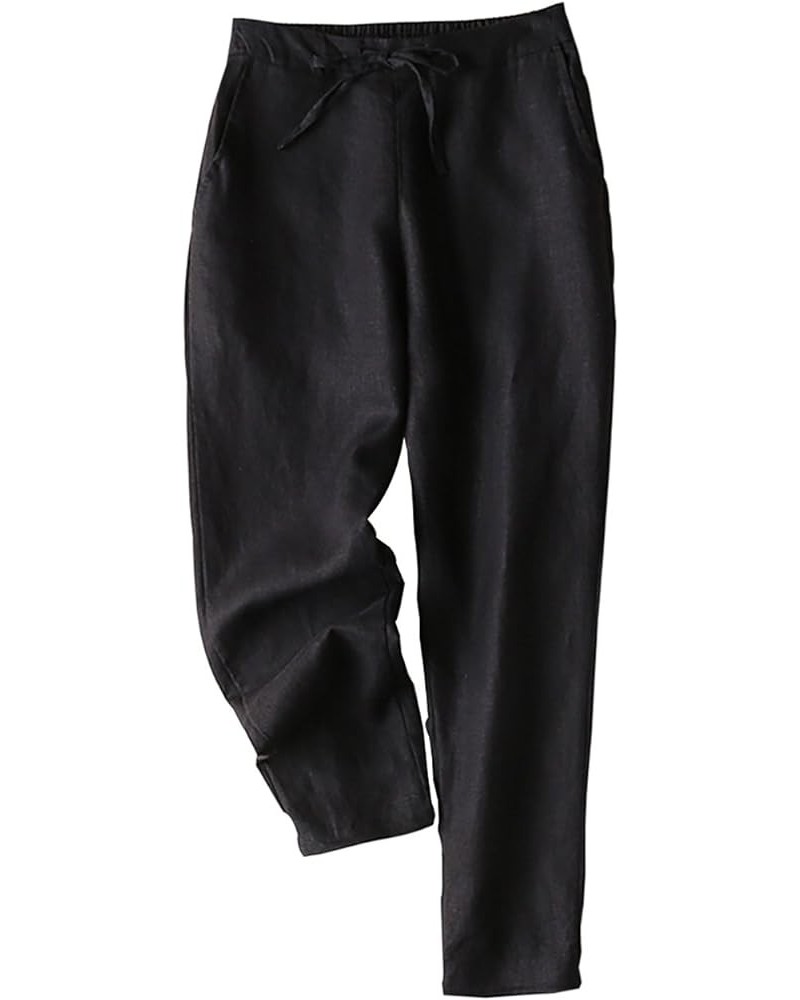 Womens Linen Pants Cotton Drawstring Linen Pants Casual Elastic Waist Tapered Ankle Trousers Pants Black $12.40 Pants