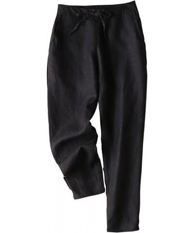 Womens Linen Pants Cotton Drawstring Linen Pants Casual Elastic Waist Tapered Ankle Trousers Pants Black $12.40 Pants