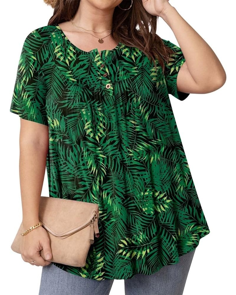 Women's Plus Size Tunic Tops Button Henley Casual T Shirts V Neck Short Sleeve Pleated Blouses Short Sleeve Big Green Leaf $1...