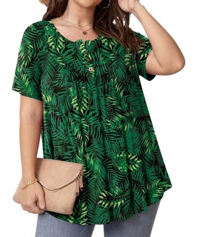 Women's Plus Size Tunic Tops Button Henley Casual T Shirts V Neck Short Sleeve Pleated Blouses Short Sleeve Big Green Leaf $1...