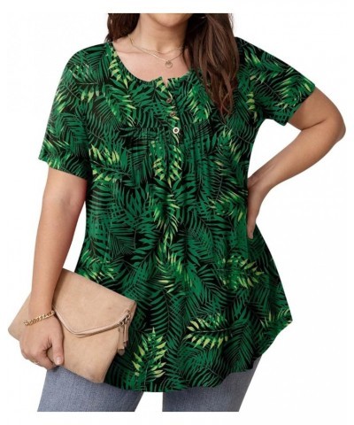 Women's Plus Size Tunic Tops Button Henley Casual T Shirts V Neck Short Sleeve Pleated Blouses Short Sleeve Big Green Leaf $1...