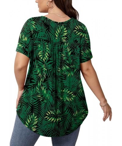 Women's Plus Size Tunic Tops Button Henley Casual T Shirts V Neck Short Sleeve Pleated Blouses Short Sleeve Big Green Leaf $1...