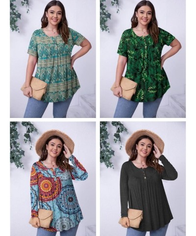 Women's Plus Size Tunic Tops Button Henley Casual T Shirts V Neck Short Sleeve Pleated Blouses Short Sleeve Big Green Leaf $1...