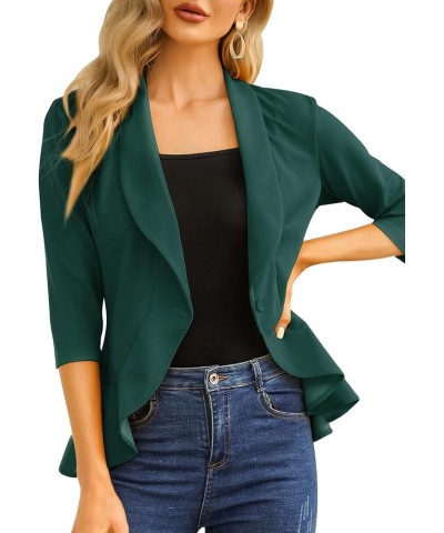 Womens Casual Blazer 3/4 Sleeve Open Front Ruffle Work Office Cardigan Suit Jacket Dark Green $19.50 Blazers