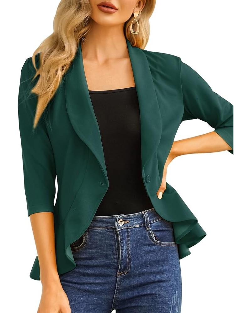 Womens Casual Blazer 3/4 Sleeve Open Front Ruffle Work Office Cardigan Suit Jacket Dark Green $19.50 Blazers