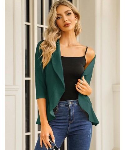 Womens Casual Blazer 3/4 Sleeve Open Front Ruffle Work Office Cardigan Suit Jacket Dark Green $19.50 Blazers