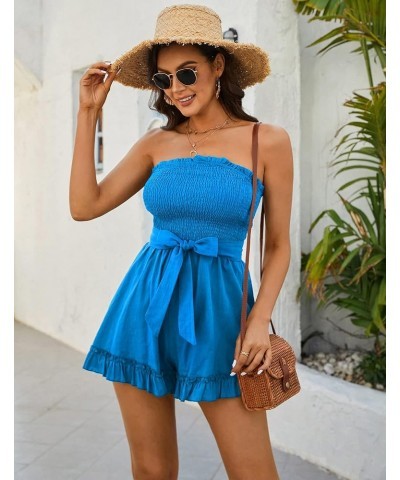 Women's Summer Rompers Cotton Linen Smocked Short Jumpsuits Off Shoulder Ruffle Vacation Beach Outfits S-XXL Sky Blue $14.28 ...