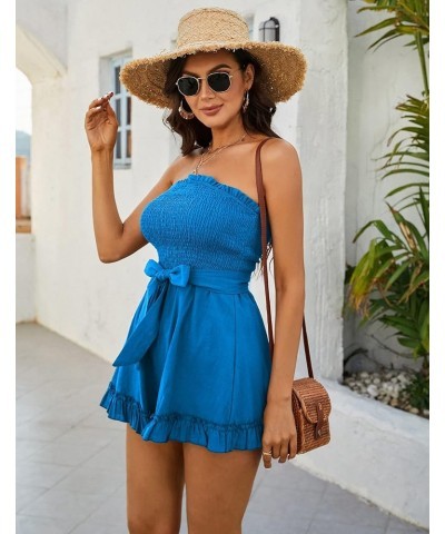 Women's Summer Rompers Cotton Linen Smocked Short Jumpsuits Off Shoulder Ruffle Vacation Beach Outfits S-XXL Sky Blue $14.28 ...