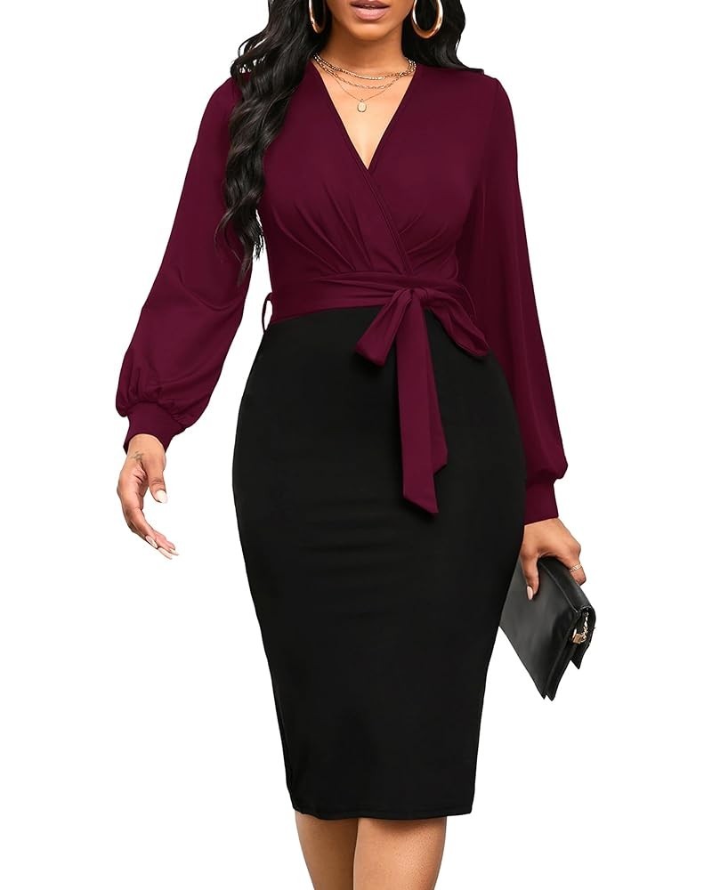 Women's Bodycon Work Pencil Dress Long Sleeve with V-Neckline Design and Belt Wine Red $25.19 Dresses