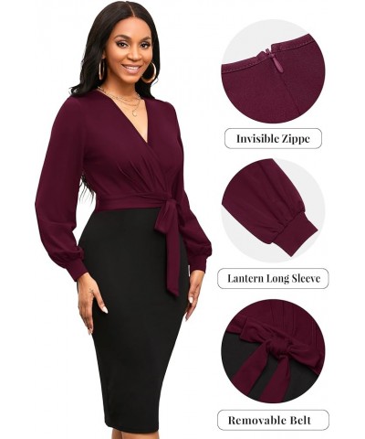 Women's Bodycon Work Pencil Dress Long Sleeve with V-Neckline Design and Belt Wine Red $25.19 Dresses