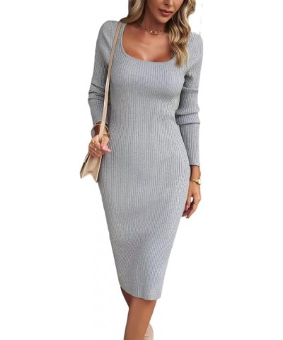 Bodycon Sweater Dress Square Neck Dress Long Sleeve Ribbed Knit Midi Dress for Women Gray $21.12 Sweaters