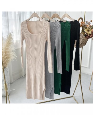 Bodycon Sweater Dress Square Neck Dress Long Sleeve Ribbed Knit Midi Dress for Women Gray $21.12 Sweaters