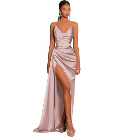 Satin Strapless V-Neck Long Prom Dress Tight Ruched Formal Party Dress Dusty Rose $22.00 Dresses