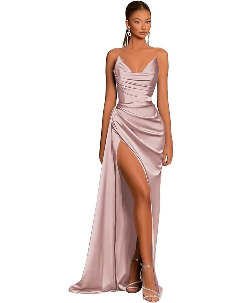 Satin Strapless V-Neck Long Prom Dress Tight Ruched Formal Party Dress Dusty Rose $22.00 Dresses