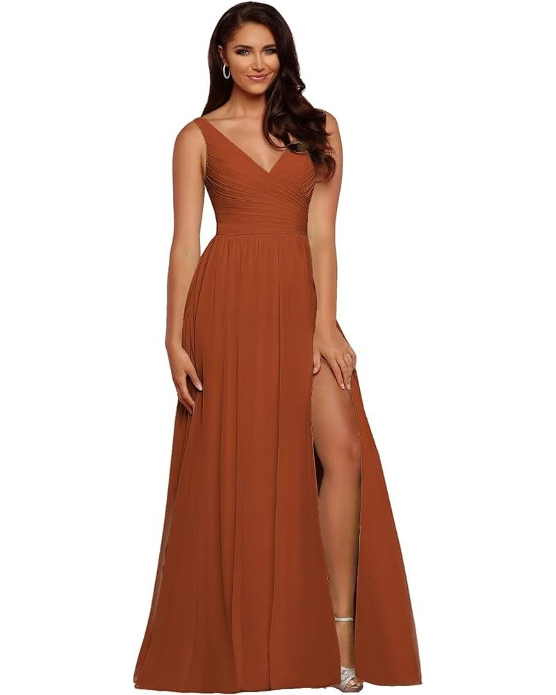 V-Neck Bridesmaid Dress Long with Slit Chiffon A-line Pleated Formal Dresses for Women WD1932P Brunt Orange $24.79 Dresses