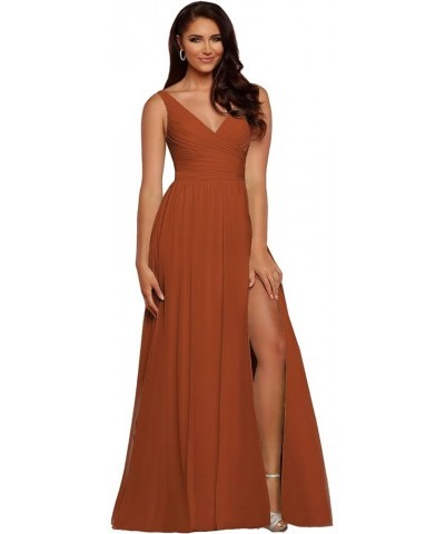 V-Neck Bridesmaid Dress Long with Slit Chiffon A-line Pleated Formal Dresses for Women WD1932P Brunt Orange $24.79 Dresses