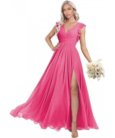 Women's Ruffles Bridesmaid Dresses with Slit Long V Neck Formal Party Dress with Pockets KO009 Hot Pink $25.84 Dresses