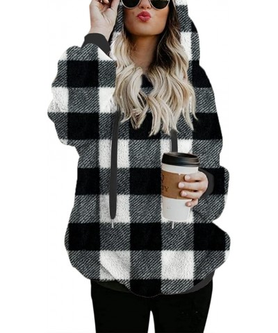 Women Casual Double Fuzzy Sweatshirt Faux Fleece Zip Pullover Hoodies Coat Outwear S-XXL S-plaid Black $23.00 Hoodies & Sweat...