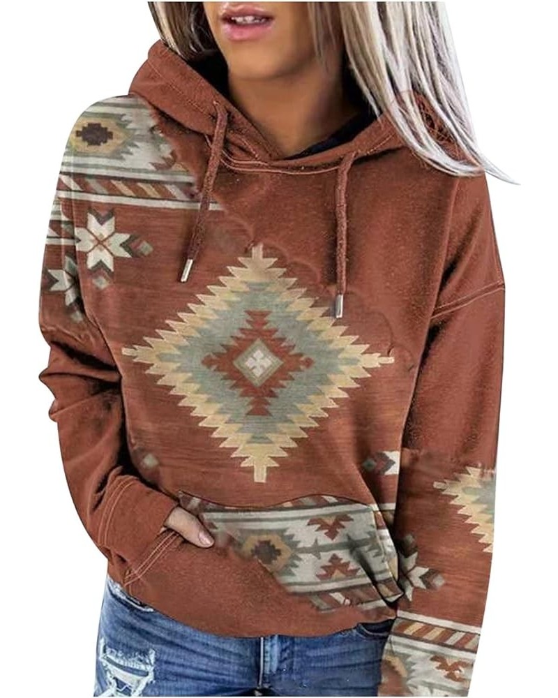 Women Western Aztec Hoodies Long Sleeve Drawstring Loose Fit Tops with Pocket Drawstring Retro Ethnic Sweatshirt 1 Coffee $9....