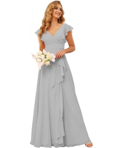 Long Chiffon Bridesmaid Dresses for Women V Neck Ruffled Split Long Formal Evening Dress CM176 Silver $24.08 Dresses