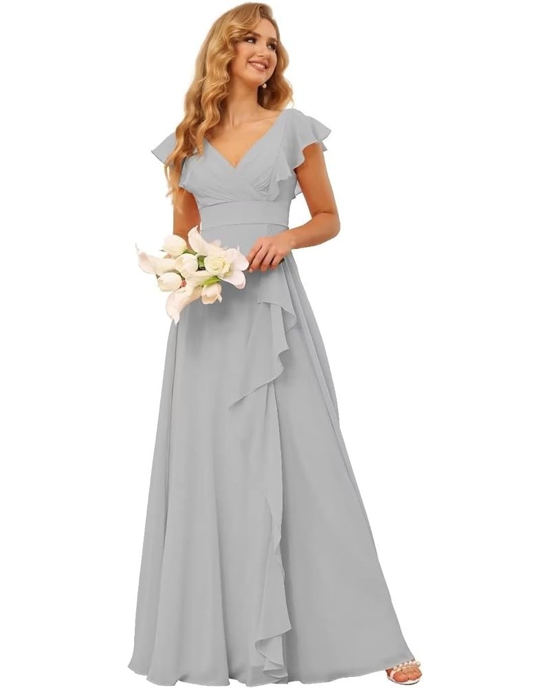 Long Chiffon Bridesmaid Dresses for Women V Neck Ruffled Split Long Formal Evening Dress CM176 Silver $24.08 Dresses