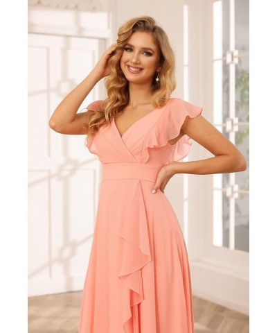 Long Chiffon Bridesmaid Dresses for Women V Neck Ruffled Split Long Formal Evening Dress CM176 Silver $24.08 Dresses