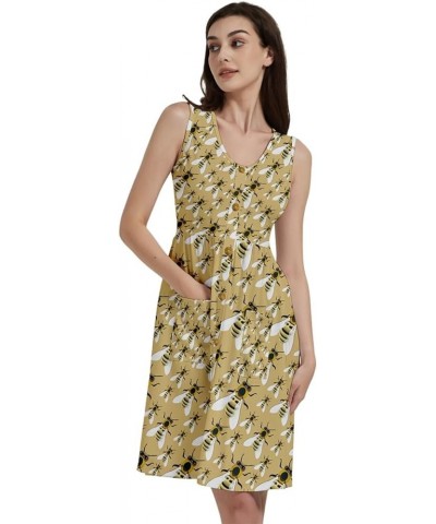 Womens Sun Dress Bee Honeycombs Honey Insect Honeybee Cap Sleeve Dress, XS-5XL Yellow Swarm $14.10 Others