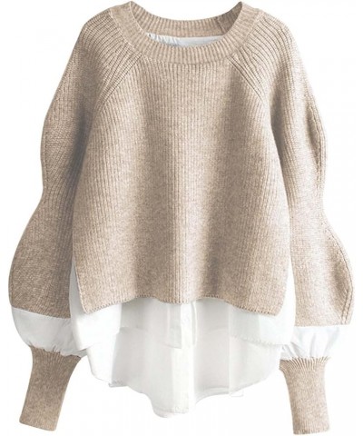 Women's Shirt Patchwork Pullover Sweater Fashion Sleeve Faux Two Piece Stylish And Versatile Knitwear Khaki $15.20 Sweaters