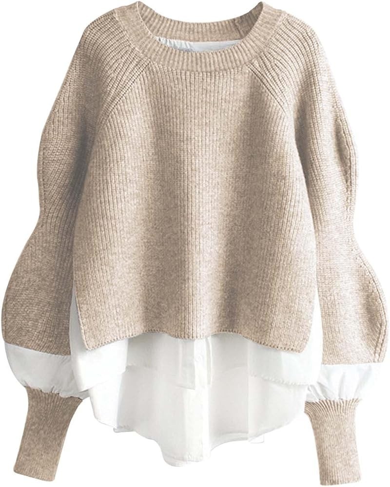 Women's Shirt Patchwork Pullover Sweater Fashion Sleeve Faux Two Piece Stylish And Versatile Knitwear Khaki $15.20 Sweaters