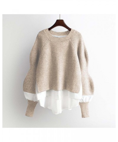 Women's Shirt Patchwork Pullover Sweater Fashion Sleeve Faux Two Piece Stylish And Versatile Knitwear Khaki $15.20 Sweaters