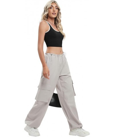 Women Parachute Pants Y2K Elastic Low Waist Drawstring Cargo Baggy Trousers 091 Gray $13.78 Pants