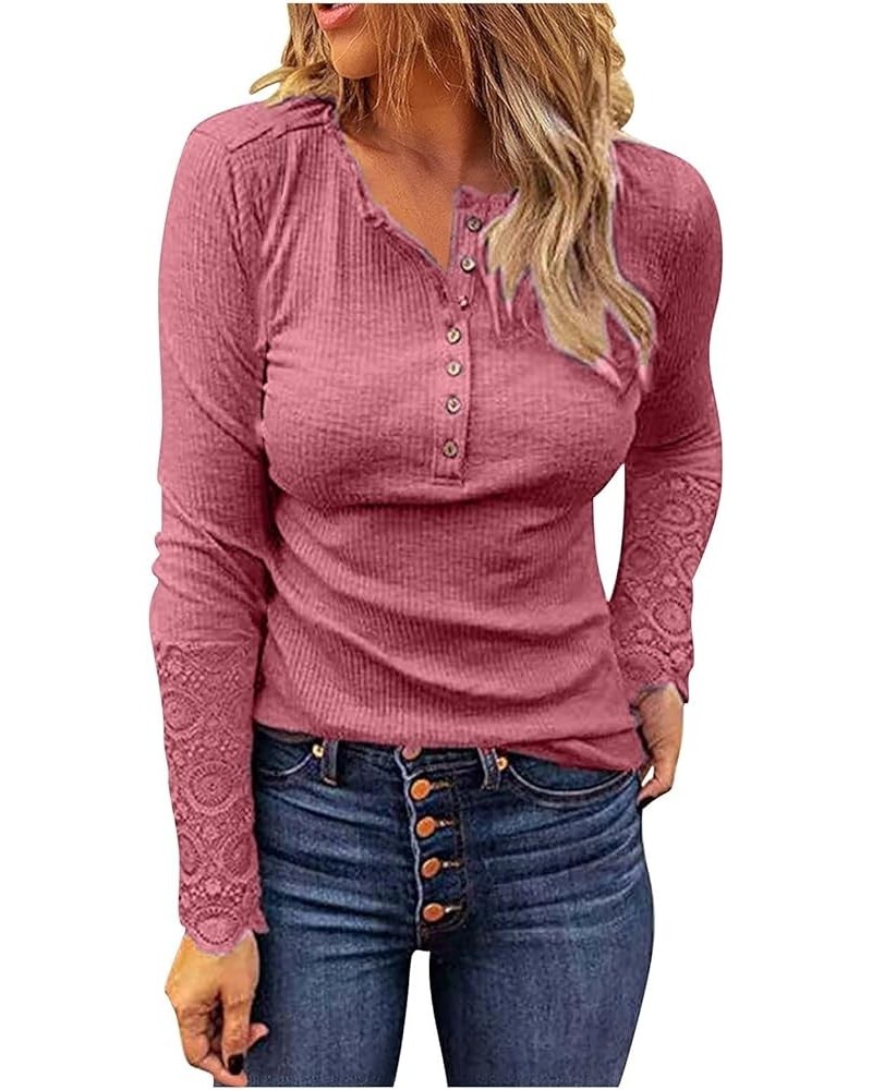 Womens Fall Fashion Ribbed Long Sleeve Scoop Neck Henley T Shirts Button Down Slim Fit Tops Solid Shirts 3-pink $10.33 Active...