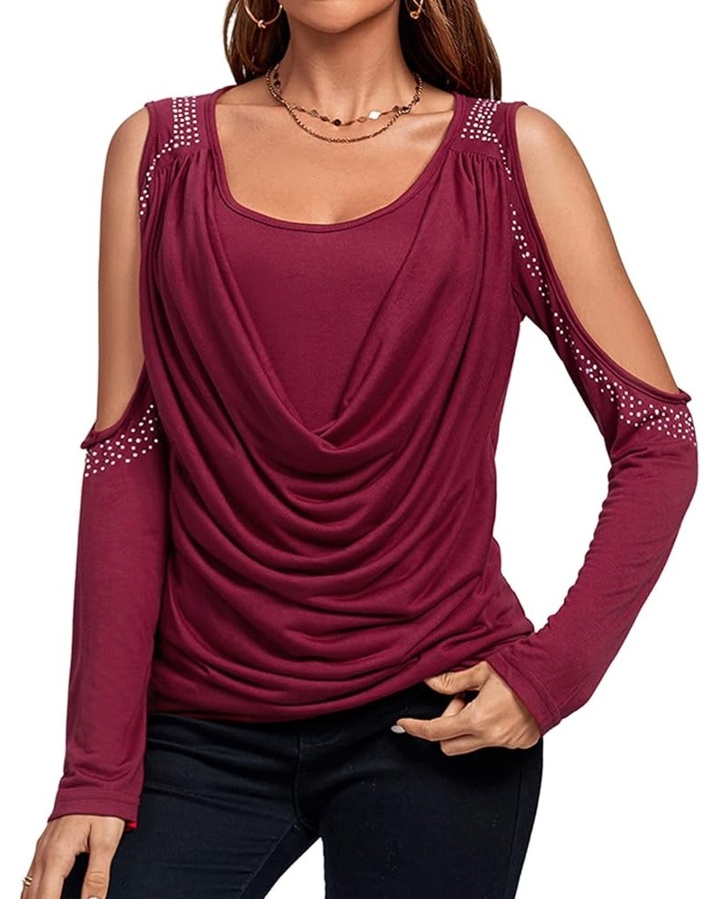 Women's Cowl Neck Cold Shoulder Long Sleeve Rhinestone Draped Tee Blouse Top Wine Red $19.37 Blouses