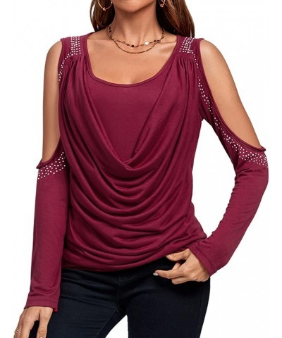 Women's Cowl Neck Cold Shoulder Long Sleeve Rhinestone Draped Tee Blouse Top Wine Red $19.37 Blouses