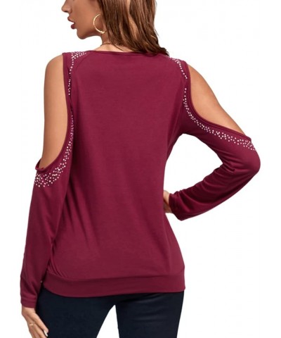 Women's Cowl Neck Cold Shoulder Long Sleeve Rhinestone Draped Tee Blouse Top Wine Red $19.37 Blouses