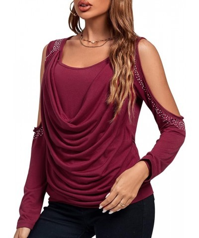 Women's Cowl Neck Cold Shoulder Long Sleeve Rhinestone Draped Tee Blouse Top Wine Red $19.37 Blouses