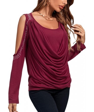 Women's Cowl Neck Cold Shoulder Long Sleeve Rhinestone Draped Tee Blouse Top Wine Red $19.37 Blouses