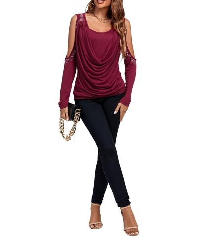 Women's Cowl Neck Cold Shoulder Long Sleeve Rhinestone Draped Tee Blouse Top Wine Red $19.37 Blouses