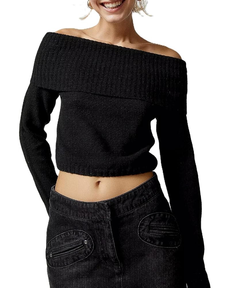 Women Off Shoulder Ribbed Sweater Long Sleeve Knitted Tube Top Pullover Y2k Fairy Grunge Jumper Top Cute Knitwear A Vintage B...