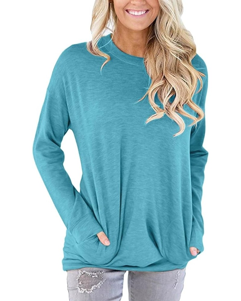 Womens Casual Long Sleeve Tunic Tops Solid Color Crew Neck Comfy Pullover Sweatshirts Loose Fit Blouses with Pockets 11-blue ...